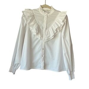 SundayUp White Ruffle Bib Button Down Blouse Smocked Cuff Victorian Top Medium
